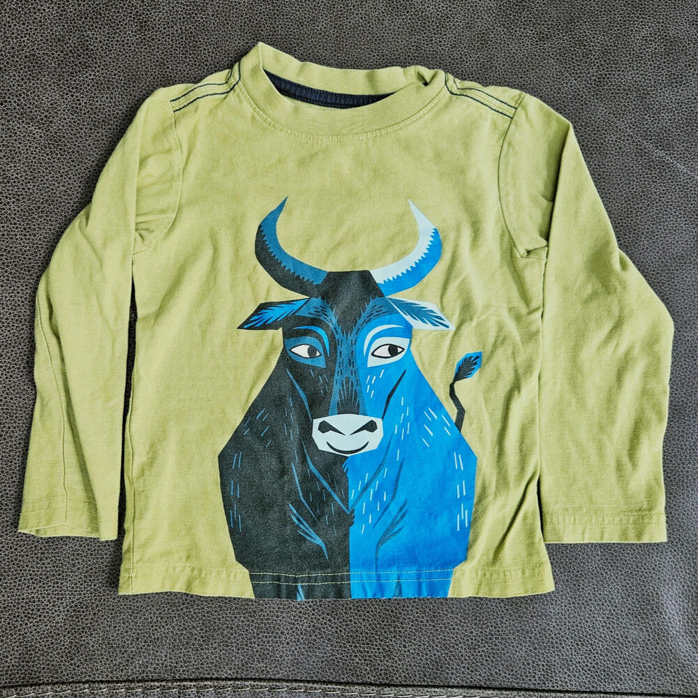 Tea Collection Chartreuse Green Blue Bull Graphic Long Sleeve Tee Shirt Size 3